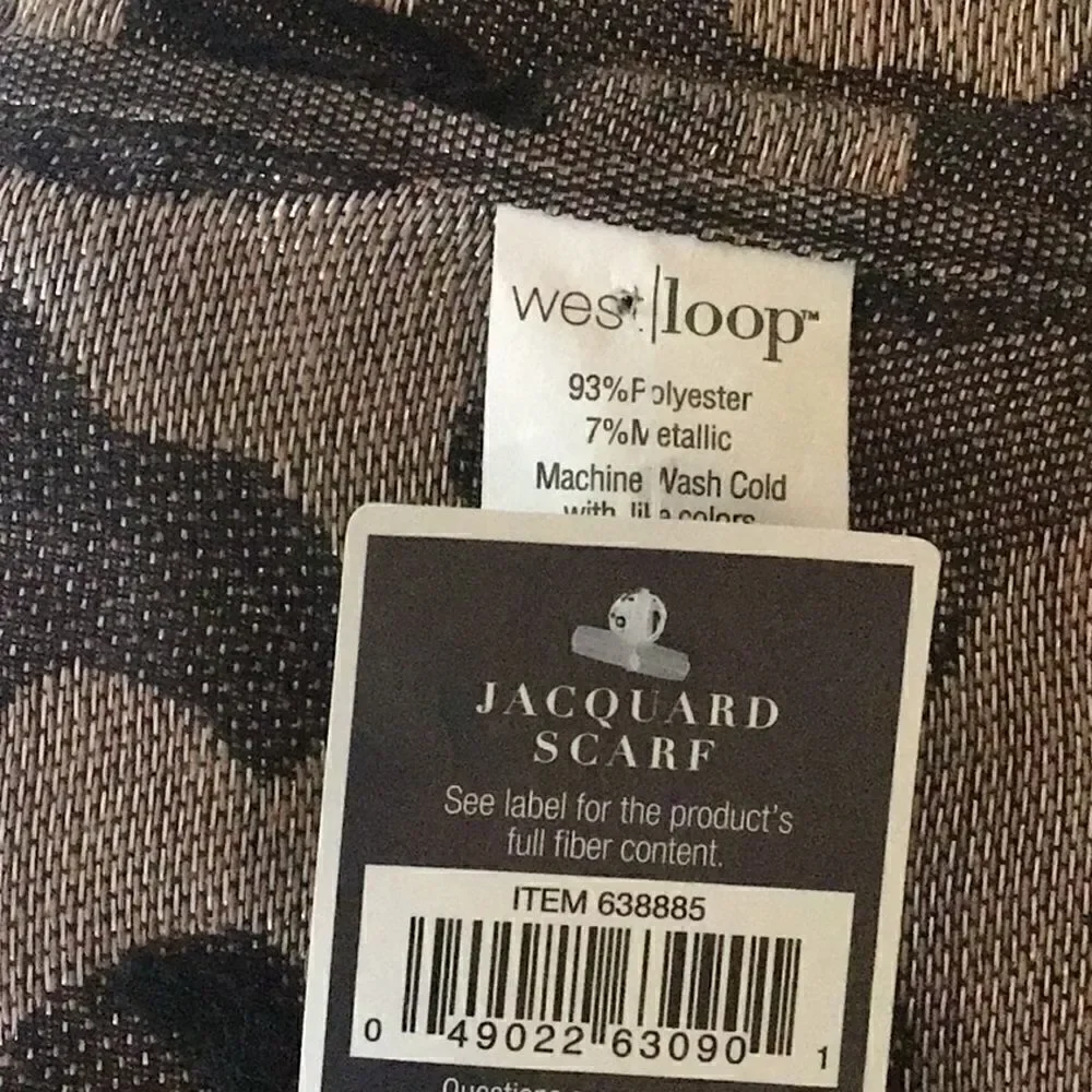 West Loop Black Taupe Metallic Leopard Print Jacquard Fringe Scarf NEW